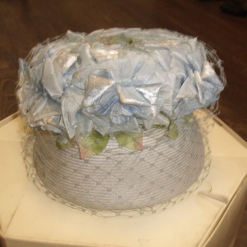 Vintage Ladies Hat High Top Blue Flowers Netting Gem